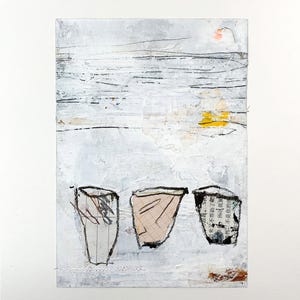 May include: Abstract mixed media artwork on canvas. The piece features a textured white background with horizontal black lines and three stylized vessel shapes at the bottom. The vessels incorporate collage elements and varied textures.