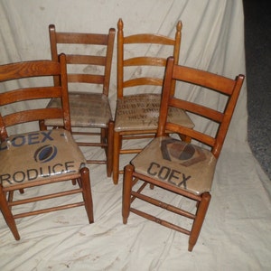 Vintage Farmhouse Ladder Back Chairs - Burlap & Vinyl seat, most are 35x19x17