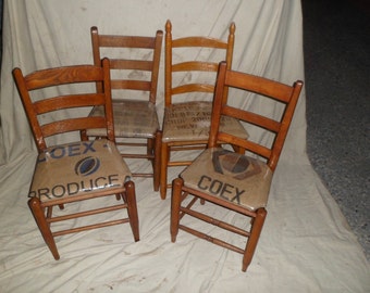 Vintage Farmhouse Ladder Back Chairs Set of 3, Burlap & Vinyl seat, (couple of chairs sold),35x19x17