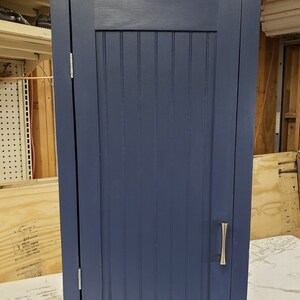 May include: A dark blue cabinet with a single door and a silver handle. The cabinet has vertical wood paneling on the door.