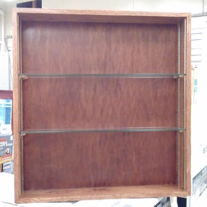 Handmade White Oak Stained in Red Oak Wall Storage Unit Display Cabinet, metal Rails-pegs, Glass Shelves, 27x28x5,