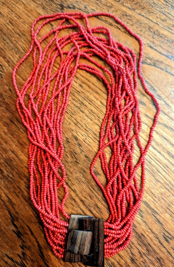 Coral colored Seed bead Wood buckled Necklace