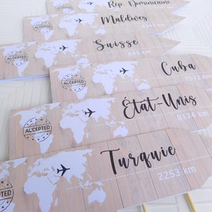 Wedding table names with wooden background, pennant table name, table name holder to plant, customizable travel theme wedding table name