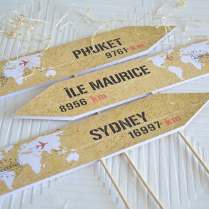Travel theme wedding table name, table name to plant customizable destinations, red detail.