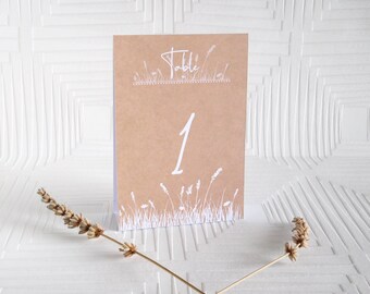 Personalized country, boho wedding table number. Kraft table name card and white twigs, natural and chic.