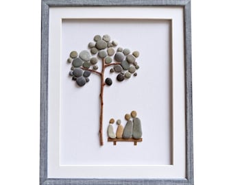 Pebble art family of four, Custom family portrait, Stone art family of 4, Anniversary present for wife / husband, New home housewarming gift