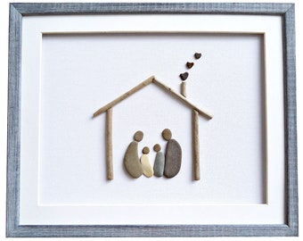 Custom Pebble Art Family Portrait - Framed Driftwood Home Decor