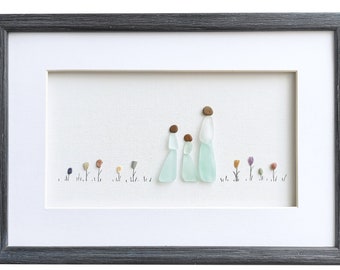 Sea glass art family mother with two daugthers, Mother's Day gift, Gift for grandmother or sister, Framed wall art, Gift for single mom