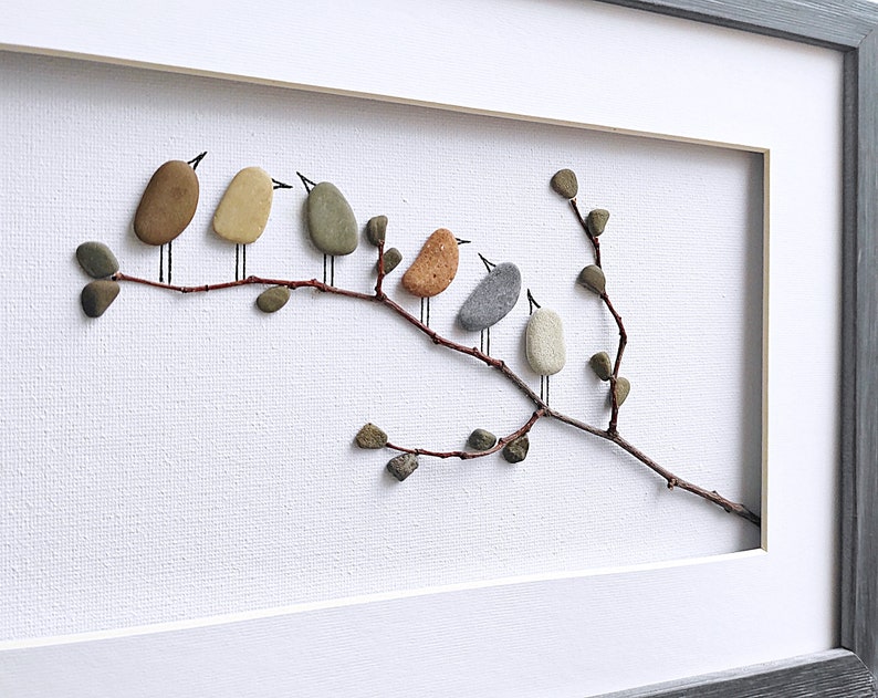 Birds wall art, Pebble art birds, Nursery decor, Rustic home decor, New home housewarming gift, Framed wall art, Bird lover gift, Nature art image 6