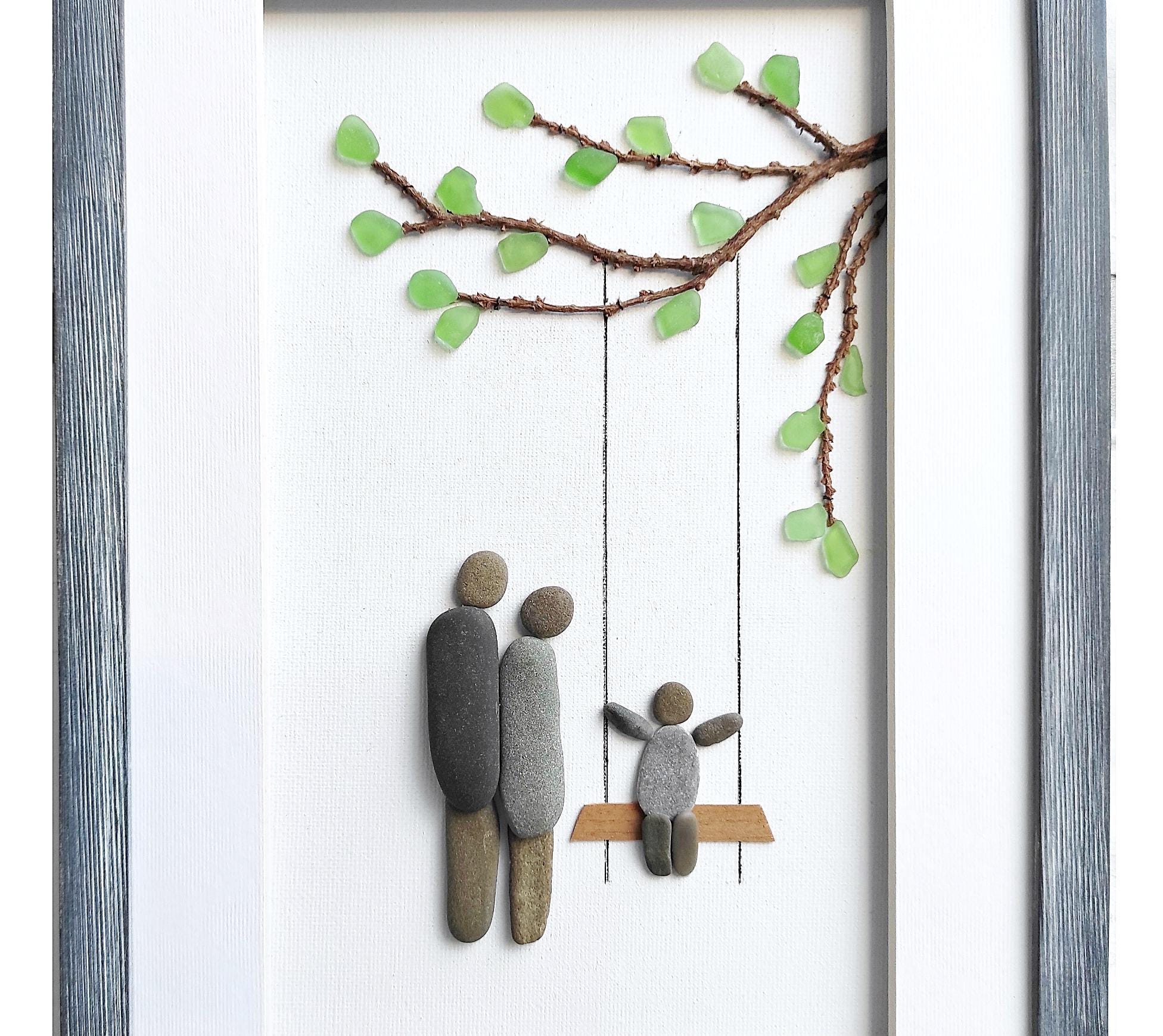 Pebble Art Family of 3, Sea Glass Art, Parents and Child on