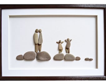 Pebble art family, Family of four framed wall art, Mother's Day gift Stone art family, Anniversary gift for wife / husband, Family gift idea