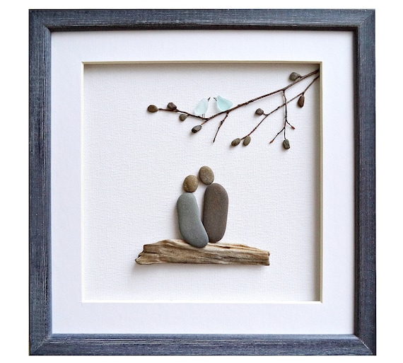 Gift for couple, Pebble art Sea glass art, Birthday gift for her, Framed birds wall art, Wedding, engagement, anniversary gift, Stone art