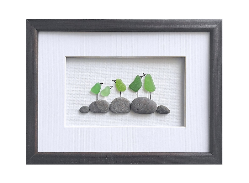 Sea Glass Art Bird Family, Sea Glass Family of 5 Gift, Framed Family