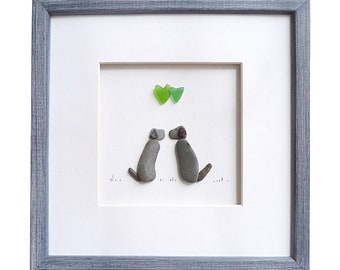 Two dogs pebble art, Dog wedding gift, Pets dog birthday gift, Dog lovers gift, Sea glass art, Gift for couple, Framed wall art, Stone art