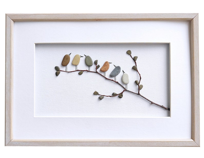 Birds wall art, Pebble art birds, Nursery decor, Rustic home decor, New home housewarming gift, Framed wall art, Bird lover gift, Nature art image 3