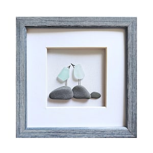 Zeeglaskunst vogels, cadeau vogelliefhebber, miniatuur kiezelkunst, steenkunstfoto, huwelijkscadeau voor stel, jubileumcadeau voor vrouw