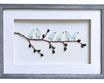 Sea glass birds, Bird lover gift, Вathroom wall decor, Sea glass and pebble birds, Birthday gift, Framed wall art birds, Sea glass picture