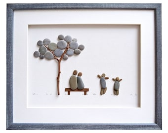 Pebble art family, Family of 4 gift, Anniversary gift idea, Framed wall art family, Stone art family of four, New home housewarming gift