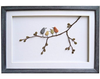 Pebble art birds, Family of four gift, Mother''s Day gift for wife, Birds wall art, Rustic home decor, Stone art family, Grandparents gift