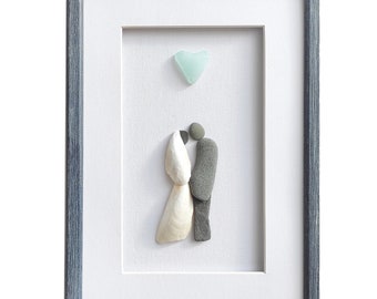 Wedding pebble art, Unique wedding gift, Bridal shower gift, Bride and Groom gift, Sea glass art gift for wedding, Wedding gift for couple