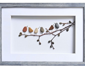 Birds wall art, Pebble art birds, Nursery decor, Rustic home decor, New home housewarming gift, Framed wall art, Bird lover gift, Nature art