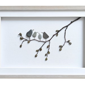 Pebble art birds, Family of four gift, Mother's Day gift for wife, Birds wall art, Stone art family, Grandparents gift, Framed wall art beige frame