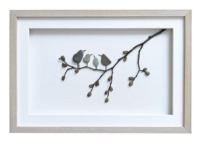 Pebble art birds, Family of four gift, Mother's Day gift for wife, Birds wall art, Stone art family, Grandparents gift, Framed wall art beige frame