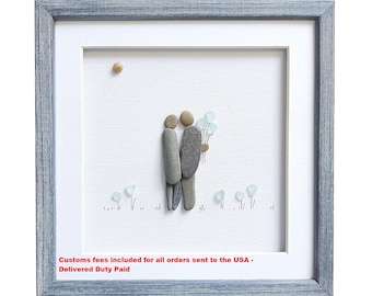 Pebble art gift for couple, Sea glass art, Anniversary gift for wife, Wedding gift for bride and groom, Framed Stone art