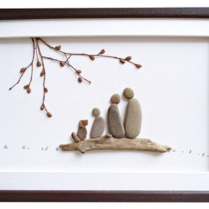 Pebble art family of 3 and dog, 5th anniversary gift idea for wife/ husband, Family wall art, Rustic home decor, Stone art, Driftwood art