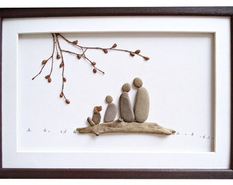 Pebble art family of 3 and dog, 5th anniversary gift idea for wife/ husband, Family wall art, Rustic home decor, Stone art, Driftwood art