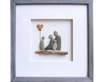 Pebble art family portrait, Mother's Day gift, Gift for family of four, Stone art family of 4 gift, 5th anniversary gift for wife or husband