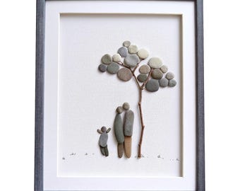 Pebble art family, Anniversary gift for wife/ grandmother/ sister, Stone art family of three, Personalized family portrait, Framed wall art
