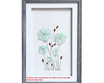 Sea glass art, Sea glass flowers, Gift for flowers lover, Framed wall art with flowers, New home housewarming gift, Bathroom wall decor