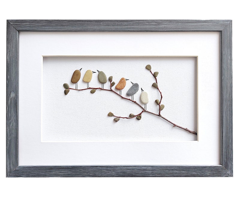 Birds wall art, Pebble art birds, Nursery decor, Rustic home decor, New home housewarming gift, Framed wall art, Bird lover gift, Nature art image 7