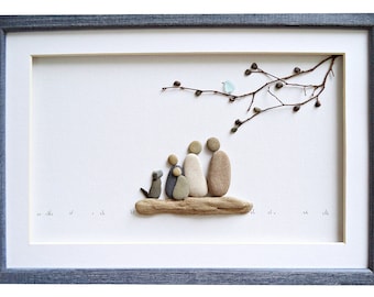 Pebble art family of four and dog, Anniversary gift for wife / husband, Family wall art, Family portrait, Framed stone art, Family picture