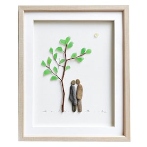 Sea glass art gift for couple, Pebble art, Wedding couple gift, Bridal shower gift, Engagement gift, Framed wall art, Anniversary Stone art