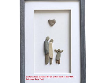 Pebble art family, Mother's Day gift for wife, Family of 3 gift, Custom family portrait, Framed wall art, Stone art, Gift for daughter