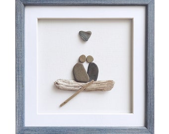 Engagement or wedding gift for couple, 5th Anniversary gift for wife, Pebble art couple, Driftwood art, Heart shaped stone, Framed wall art