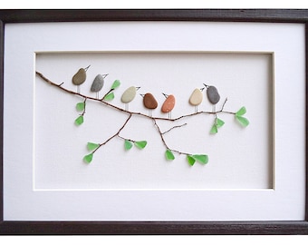 Pebble art birds, Sea glass art, Framed wall art with birds, Bird lover gift, Nature art, Rustic home decor, Bathroom decor, New home gift