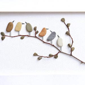 Birds wall art, Pebble art birds, Nursery decor, Rustic home decor, New home housewarming gift, Framed wall art, Bird lover gift, Nature art image 4