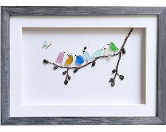 Sea glass art birds, Pebble art, Birds wall art, Birthday gift for bird lover, New home gift, Bathroom decor, Framed sea glass art