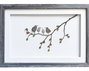 Pebble art birds, Family of four gift, Mother's Day gift for wife, Birds wall art, Stone art family, Grandparents gift, Framed wall art
