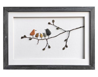 Pebble art birds, Mother's Day gift for family of five, Birds wall art, Framed wall art, Stone art with birds, New home housewarming gift
