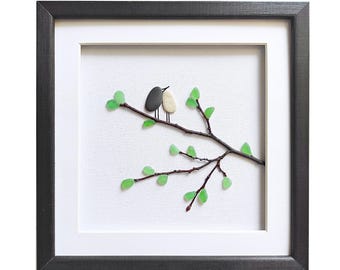 Pebble art love birds, Wedding gift for couple, Sea glass art birds, Birds wall art, Rustic home decor, Sea glass wall art, Bird lover gift