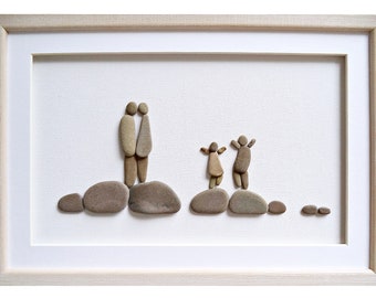 Pebble art family gift New home housewarming gift Family of four framed wall art Anniversary present for wife or husband Family gift idea