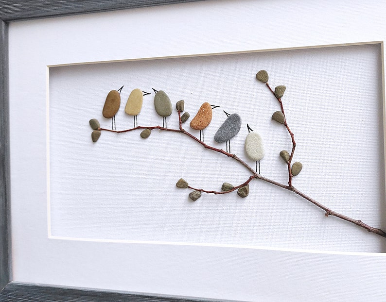 Birds wall art, Pebble art birds, Nursery decor, Rustic home decor, New home housewarming gift, Framed wall art, Bird lover gift, Nature art image 5