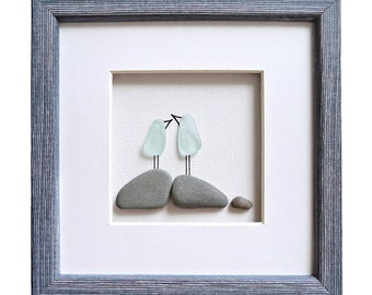 Sea glass art birds, Bird lover gift, Miniature pebble art, Stone art picture, Mother's Day gift for wife, Anniversary gift for wife