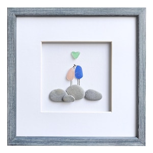 Authentic Sea Glass Love Birds. Mini Desk Art 3.4 X 4 Inches Made In