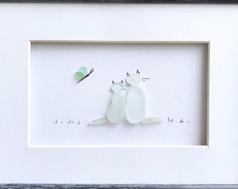 Sea glass art two cats, Mother's day gift, Cat lovers gift, Gift for couple, Framed wall art, Mother cat and kitty, Custom pet portrait cats