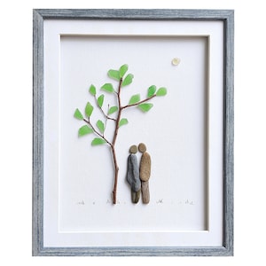 Sea glass art gift for couple, Pebble art, Unique wedding gift, Engagement or anniversary gift, Framed wall art, Romantic gift for her / him